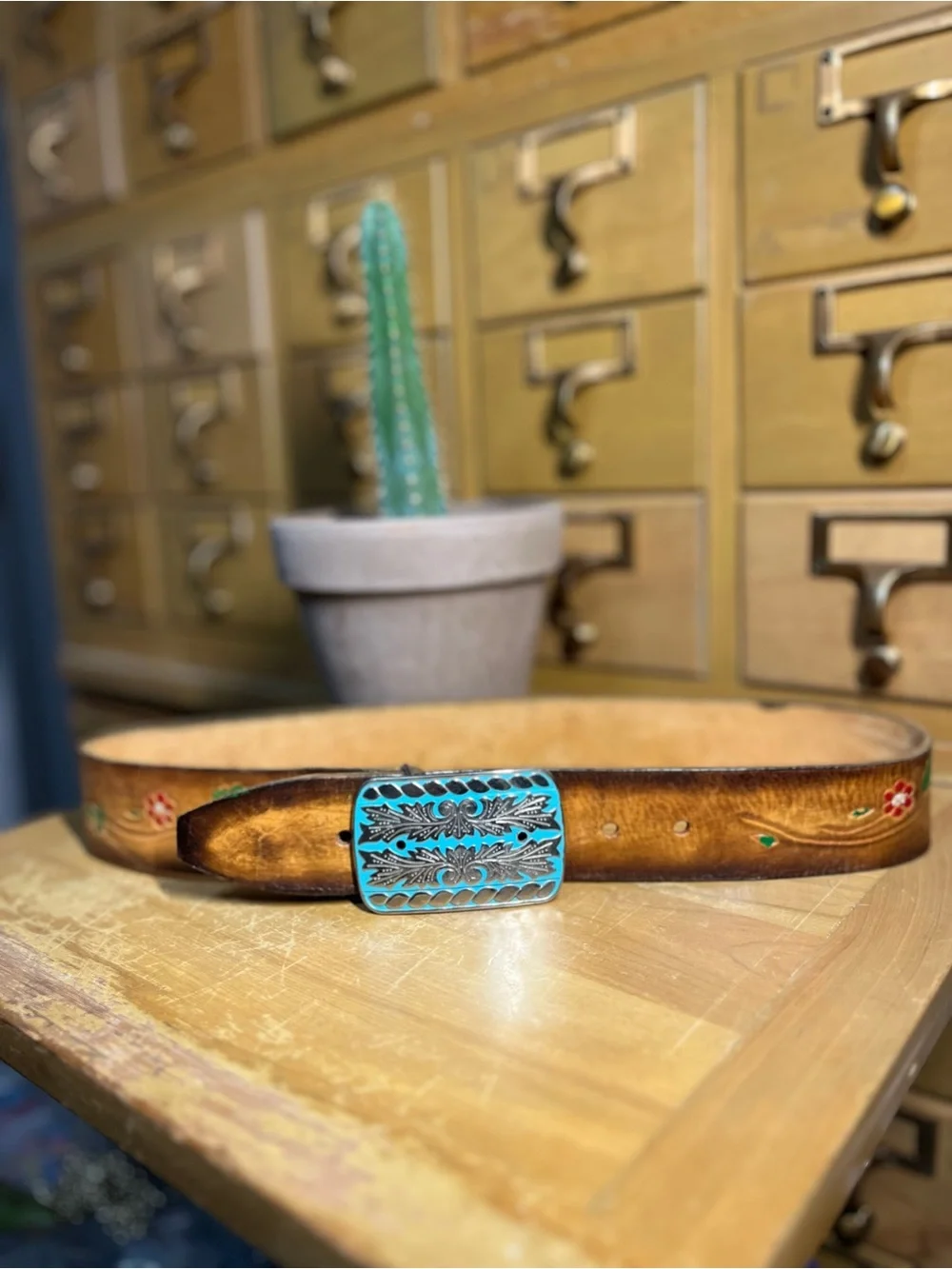 Authentic Mexican Leather Belt with Turquoise Floral Buckle